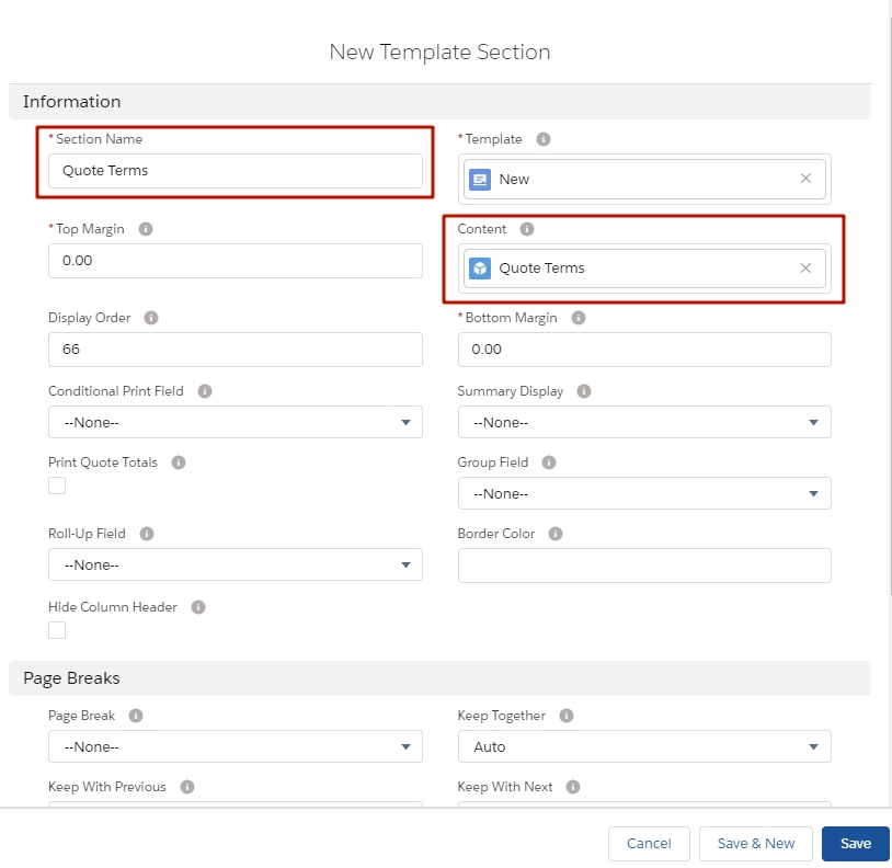 Salesforce CPQ Template Section Information and Page Break Fields